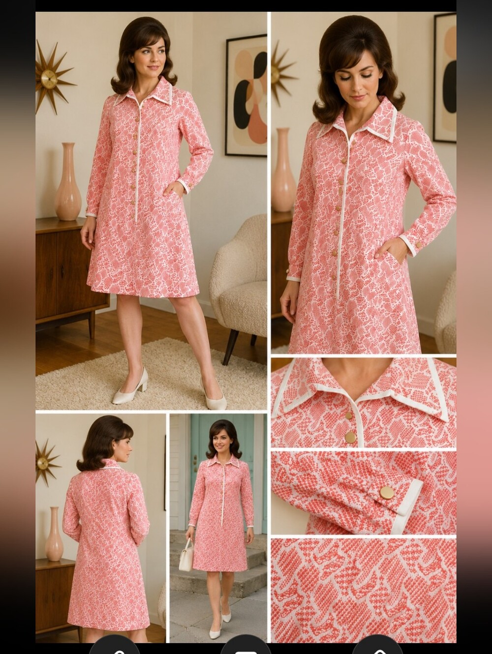 Vintage 1960s Leon de Paris Housecoat House Dress Canadian Knit Pink White XL